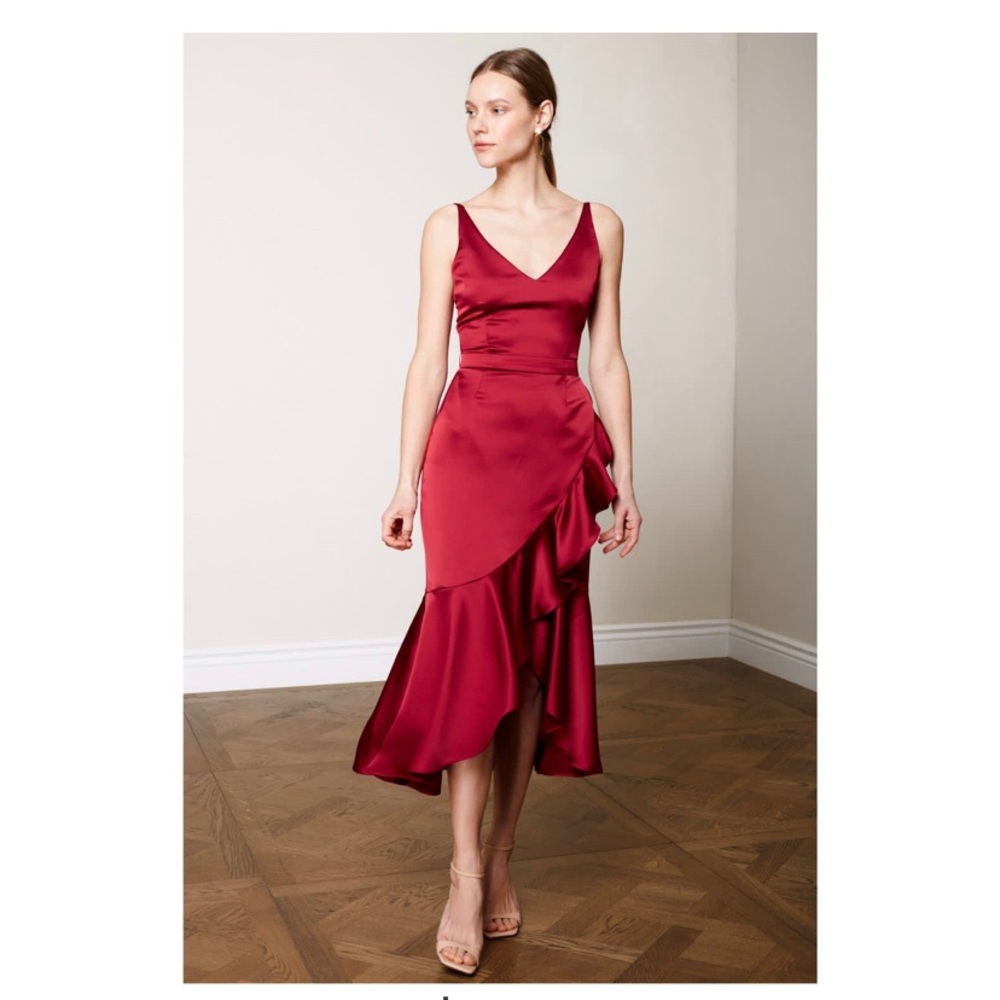 Nuita Deep Red Satin Bias Frill Midi Dress